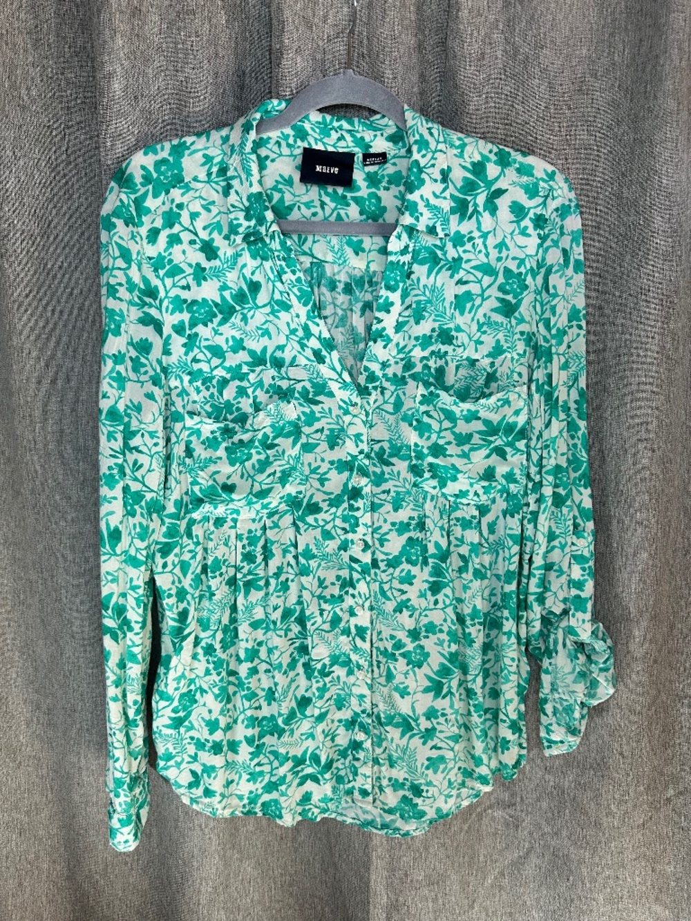 Maeve by Anthropologie Green Floral Button Down Blouse Roll Tab Sleeve Medium